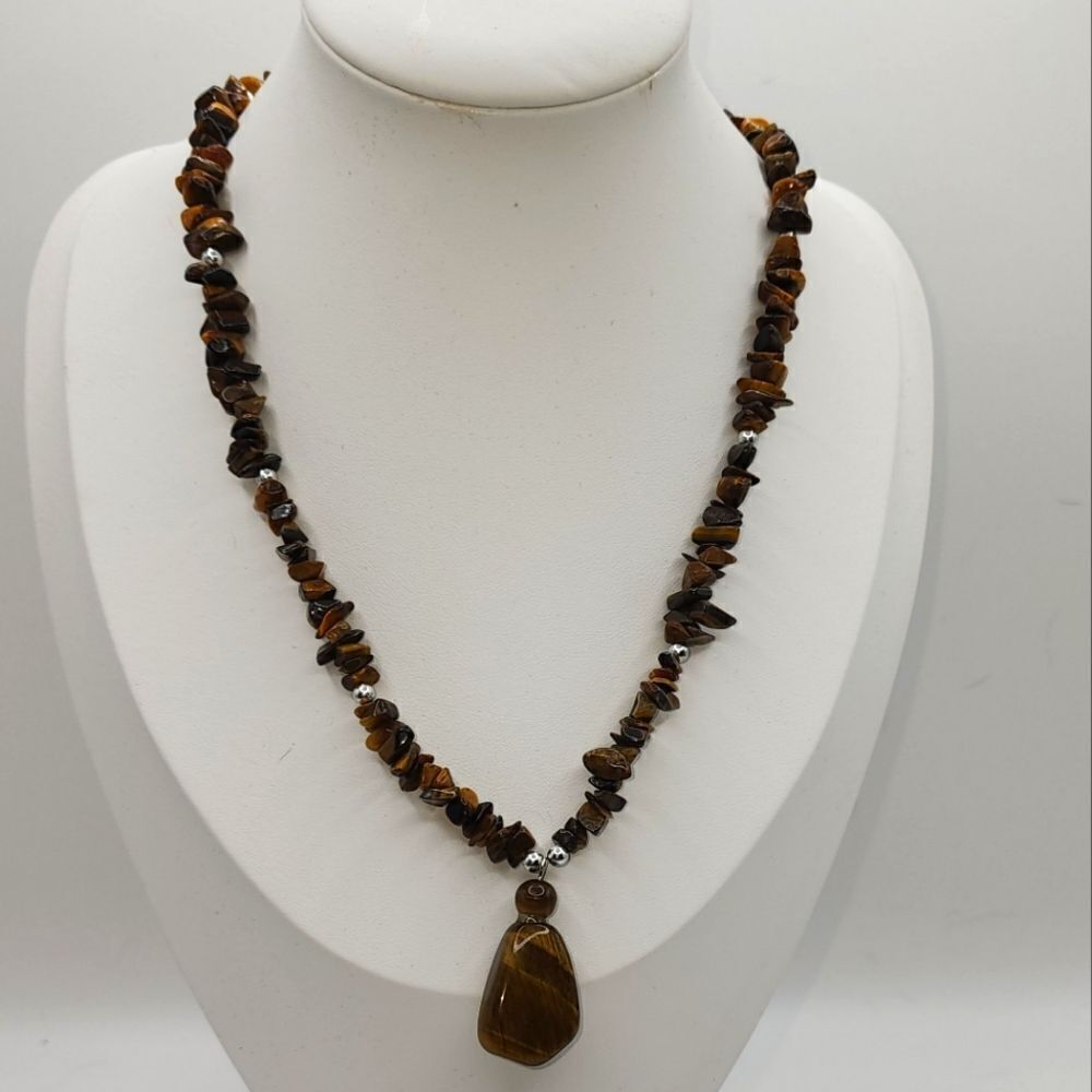 Natural Tiger Eye Stone Necklace Pendant Beaded 16 in Silver Tone Screw Clasp